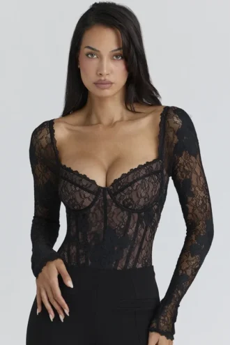 Body Aneira in pizzo nero a maniche lunghe