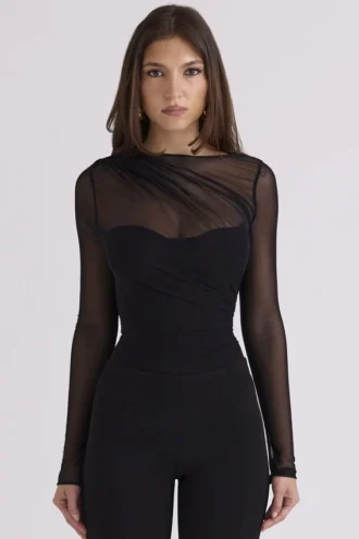 Body drappeggiato in rete nero Orelia
