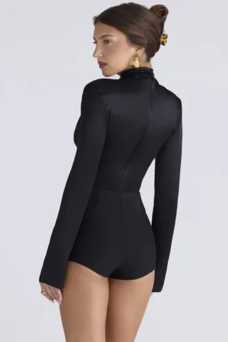 Body Neneh in raso nero a maniche lunghe e collo alto