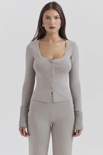 Cardigan Aspen grigio in misto cashmere con polsini a costine