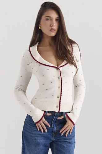 Cardigan con bordi in misto cashmere Marla color avorio