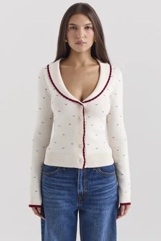 Cardigan con bordi in misto cashmere Marla color avorio