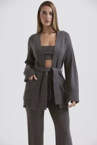 Cardigan con cintura in misto cashmere color antracite Alaia