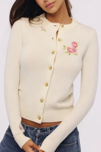 Cardigan Daisie in lana avorio + cashmere con ricami floreali