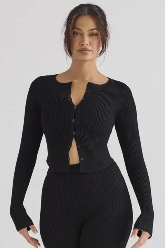 Cardigan in maglia a coste nero Sylvia