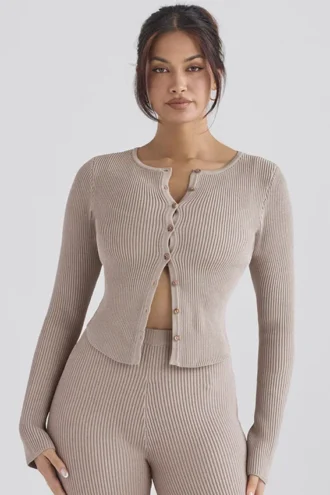 Cardigan in maglia a coste Sylvia color tortora
