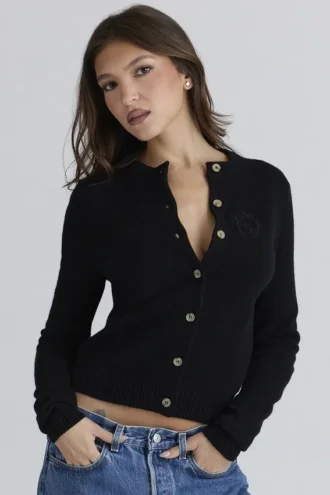 Cardigan in misto cashmere e lana nero con emblema