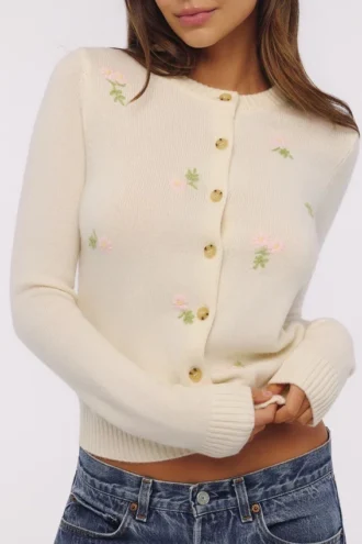 Cardigan Poppie color crema in lana e cashmere con ricami floreali rosa