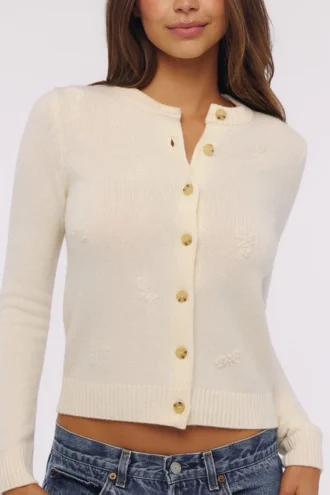 Cardigan Poppie in lana e cashmere color avorio con ricami floreali