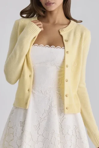 Cardigan Poppie Lemon in lana e cashmere con ricami floreali