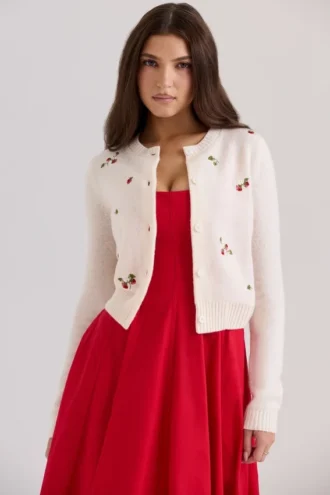 Cardigan ricamato in lana color crema Evelina