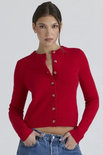 Cardigan rosso in cashmere e lana merino