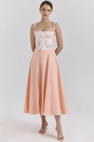 Clarabelle Abito estivo midi in cotone color pesca con corsetto staccabile