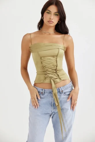 Corsetto allacciato in raso Letitia Olive