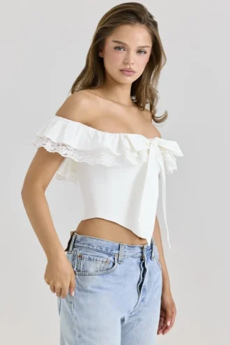 Corsetto con volant e spalle scoperte in cotone elasticizzato bianco Aria