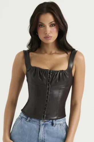 Corsetto in pelle vegana color cioccolato amaro James