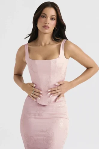 Corsetto lungo in raso floreale rosa “Rafa”