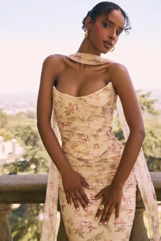 Corsetto senza spalline con stampa Hallie Honeyflower e sciarpa al collo