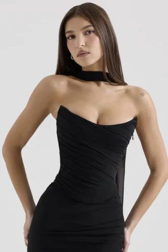 Corsetto senza spalline Hallie nero con sciarpa al collo