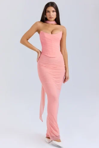 Corsetto senza spalline Hallie Peach con sciarpa al collo