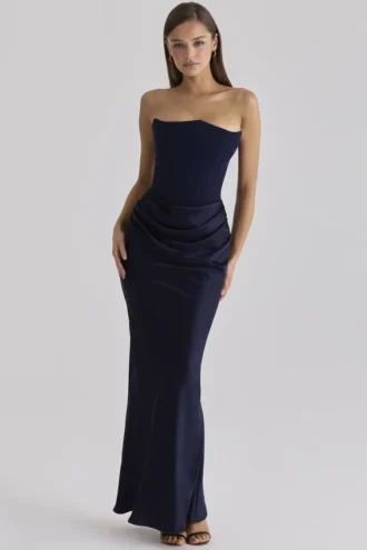 Corsetto senza spalline in raso blu navy e crêpe Persephone