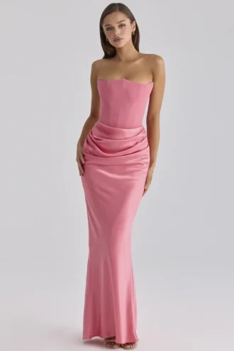 Corsetto strapless in raso lampone e crêpe “Persephone”