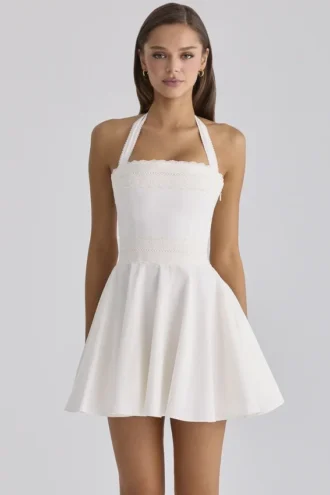 Cosette Abito mini bianco con ricamo inglese + cotone e scollo all’americana
