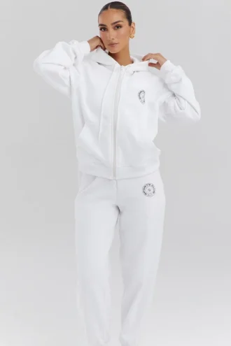 Felpa con cappuccio e zip frontale in cotone bianco Mirage con interno in pile