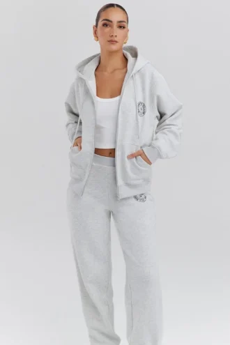 Felpa con cappuccio e zip frontale in cotone felpato grigio chiaro melange “Mirage”