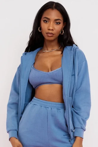 Felpa con cappuccio e zip Storm Azure in cotone con interno in pile