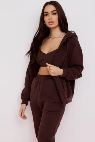 Felpa con cappuccio e zip Storm Chocolate in cotone con interno in pile