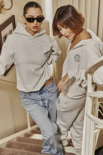 Felpa con cappuccio Muse in cotone grigio chiaro melange con interno in pile