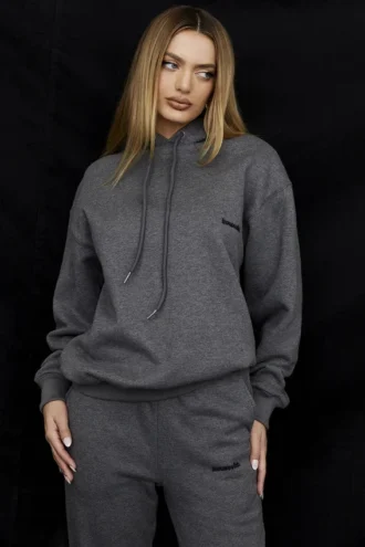 Felpa con cappuccio oversize in cotone felpato grigio scuro Halo