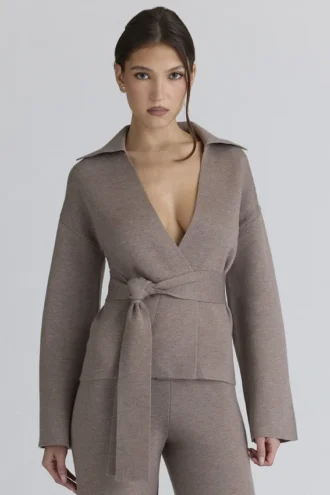 Giacca avvolgente in lana color tortora Fallon