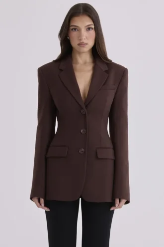 Giacca blazer a clessidra in crêpe color cioccolato Luella
