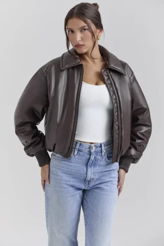 Giacca bomber in pelle vegana marrone scuro Sante