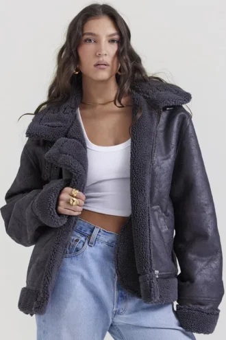 Giacca da aviatore in shearling vegano grigio Madden