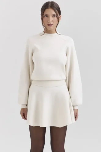 Gonna a balze in lana e cashmere color crema Rosina