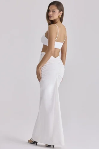 Gonna lunga drappeggiata con scollo a V in cotone bianco Lyra