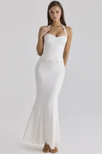 Gonna lunga in cotone bianco con ricami all’inglese Isorella