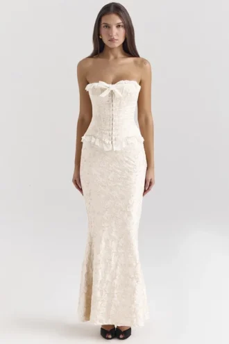 Gonna lunga Mara in jacquard metallizzato avorio