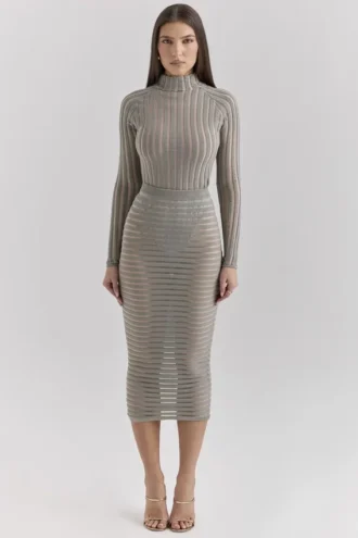 Gonna midi a righe trasparente in velluto grigio “Margo”