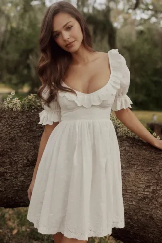 Maisie Abito mini babydoll bianco con ricamo inglese in stile Regency