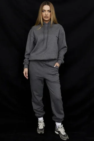 Felpa con cappuccio oversize in cotone felpato grigio scuro Halo